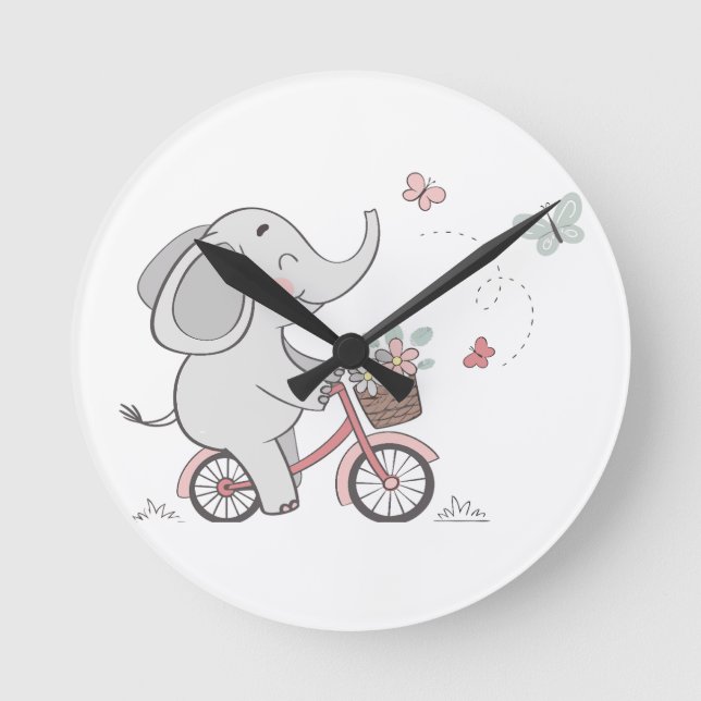 Whimsical Elephant Riding Bike –Kids Animal Design Round Clock (Front)