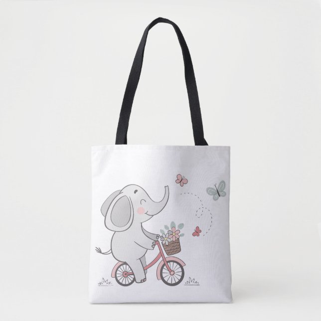 Whimsical Elephant Riding Bike –Kids Animal Design Tote Bag (Front)