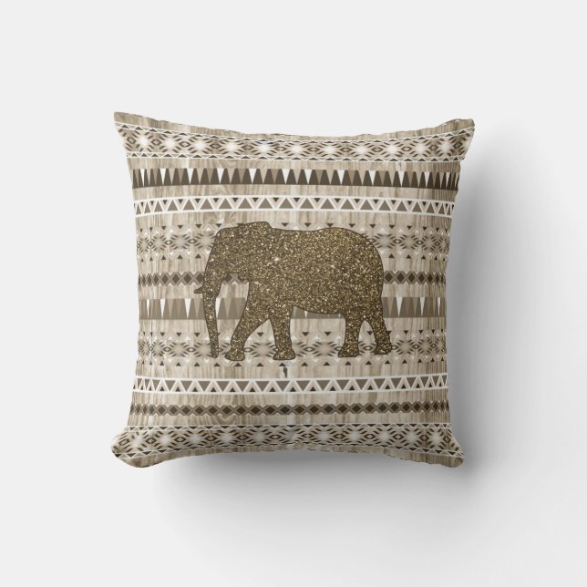 Whimsical Elephant Tribal Pattern on Wood Design Throw Pillow (Front)