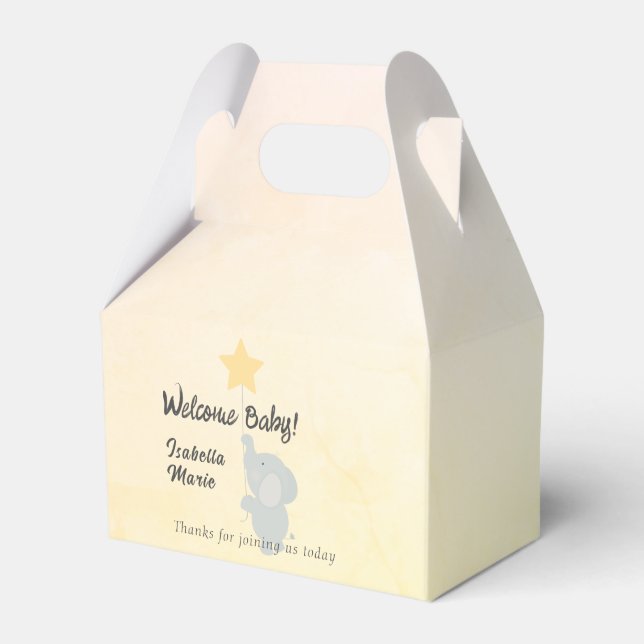 Whimsical Elephant Welcome Baby Favor Box (Front Side)