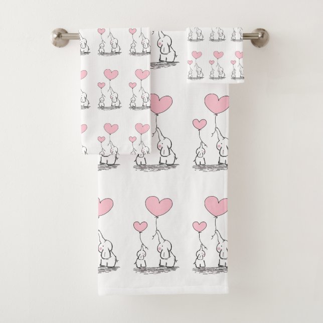Whimsical Elephants And Heart Balloons Bath Towel Set (Insitu)
