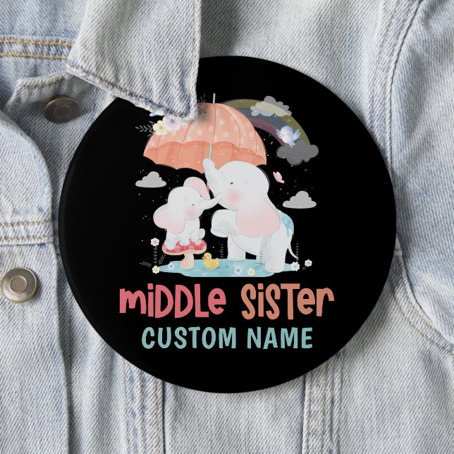 Whimsical Elephants Middle Sister Custom Name 6 Inch Round Button (In Situ)