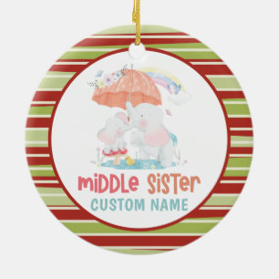 Whimsical Elephants Middle Sister Custom Name Ceramic Ornament