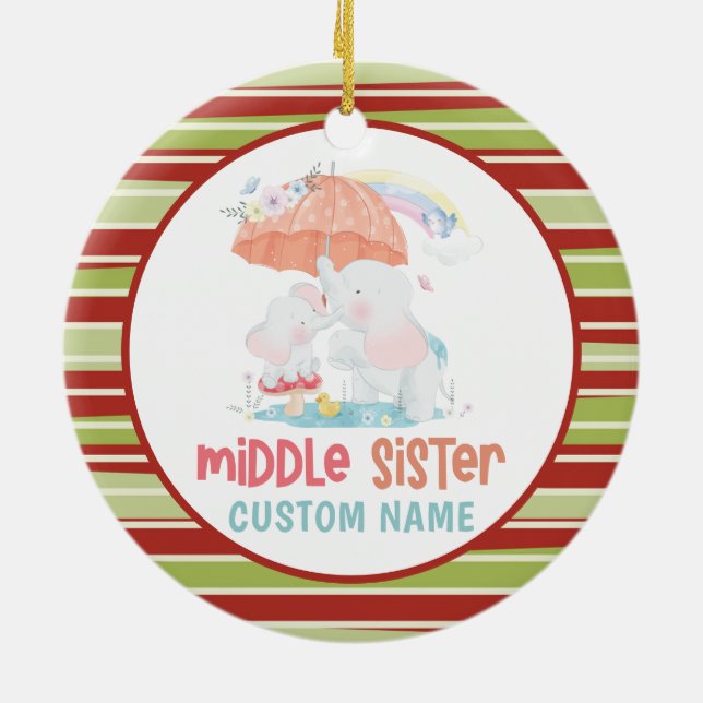Whimsical Elephants Middle Sister Custom Name Ceramic Ornament (Back)