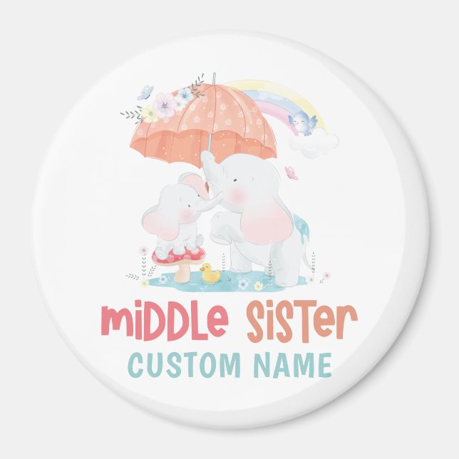 Whimsical Elephants Middle Sister Custom Name Magnet (Front)