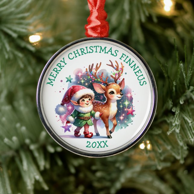 Whimsical Elf and Reindeer Christmas Personalized Metal Ornament (Tree)