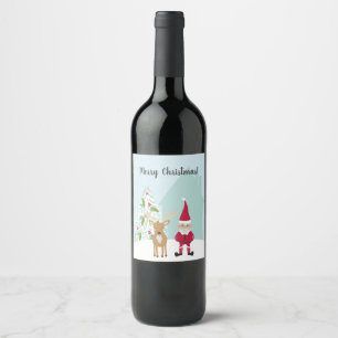 Whimsical Elf and Reindeer Christmas Wine Label