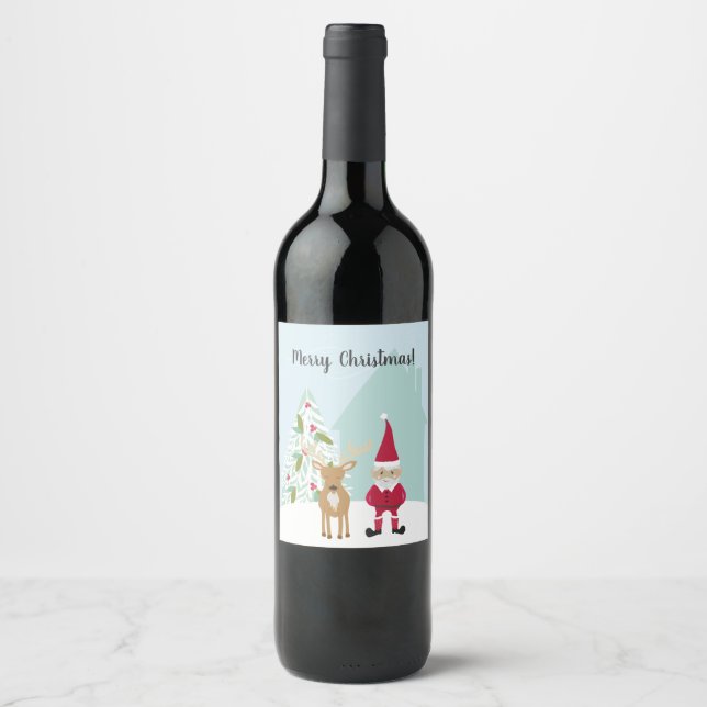 Whimsical Elf and Reindeer Christmas Wine Label (Front)