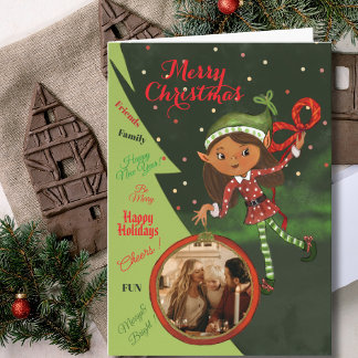Whimsical Elf Girl Photo Christmas Card | Green