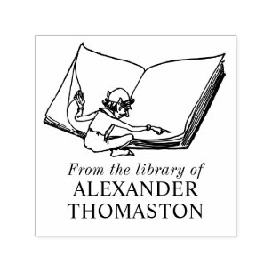 Whimsical Elf Reading Large Book Library Name Self-inking Stamp