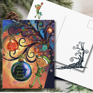 Whimsical Elf with Bird under a Tree Christmas Postcard