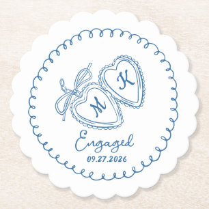 Whimsical Engaged Couple Blue Hearts Trendy Doodle Paper Coaster