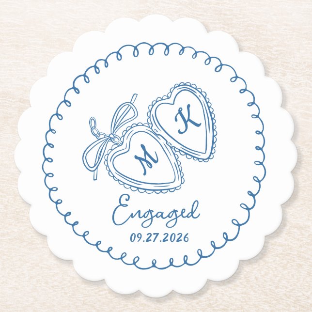 Whimsical Engaged Couple Blue Hearts Trendy Doodle Paper Coaster (Front)