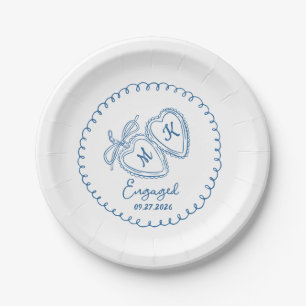 Whimsical Engaged Couple Blue Hearts Trendy Doodle Paper Plate