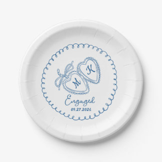 Whimsical Engaged Couple Blue Hearts Trendy Doodle Paper Plate