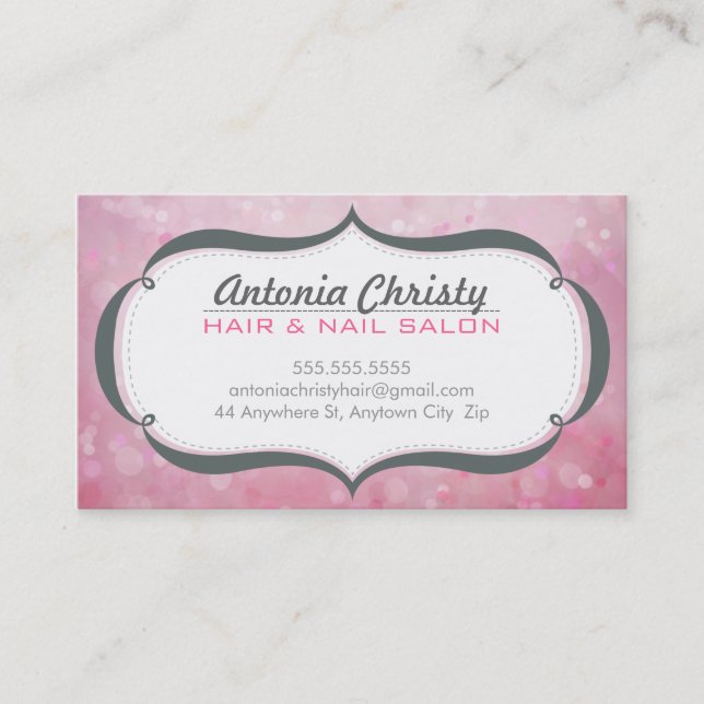 WHIMSICAL ethereal bokeh fancy frame grey pink Business Card (Front)