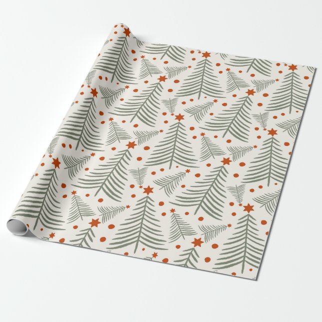 Whimsical Evergreen Christmas Tree Star Pattern Wrapping Paper (Unrolled)