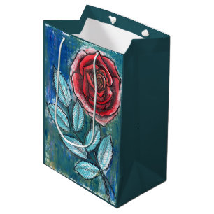 Whimsical Expressionist Red Rose Teal Leaves Gift Medium Gift Bag