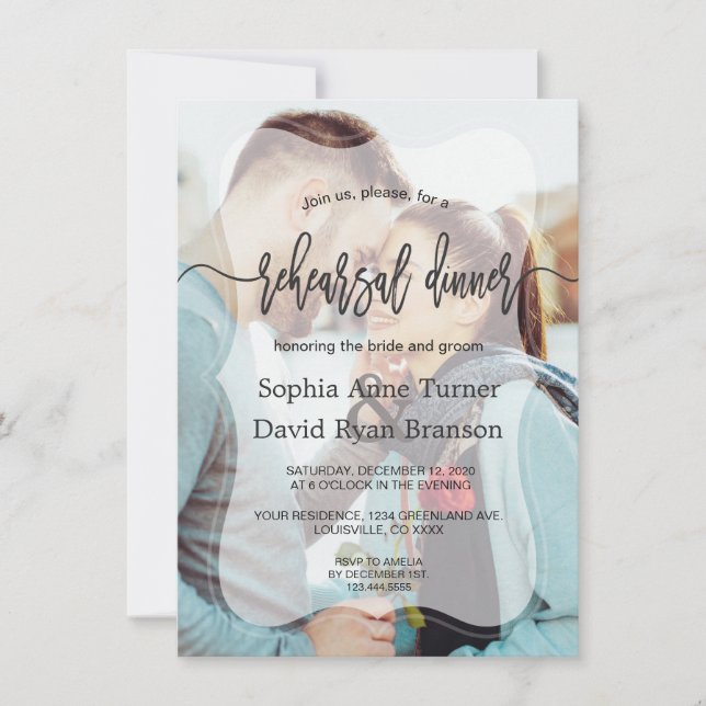 Whimsical Faded Photo Calligraphy Rehearsal Dinner Invitation (Front)