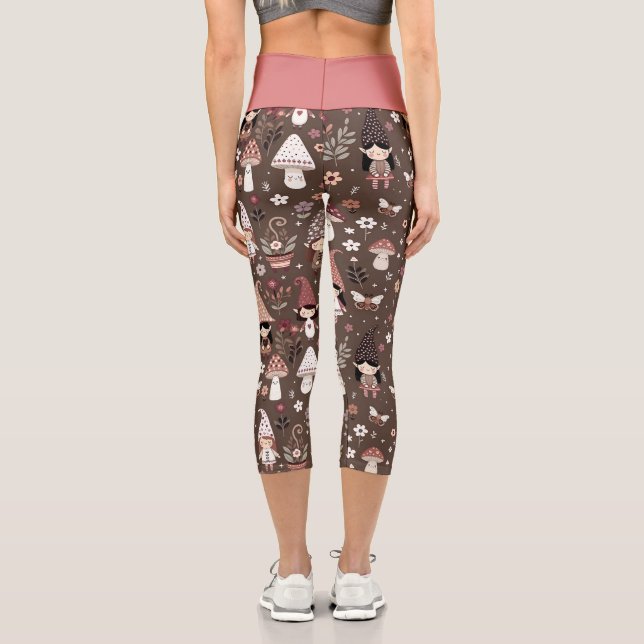 Whimsical Fair Gnomes and Mushrooms Personalized Capri Leggings (Back)