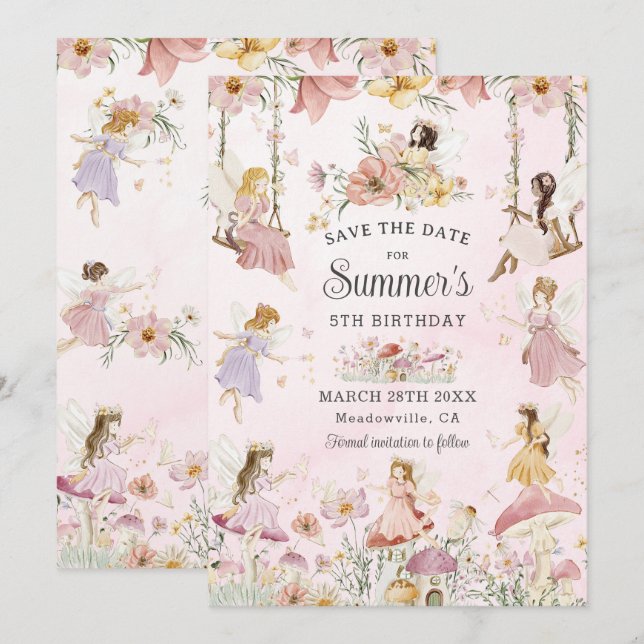 Whimsical Fairies Birthday Flower Garden Meadow Save The Date (Front/Back)