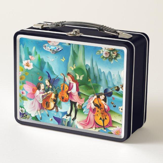 Whimsical  Fairies Playing Cellos Metal Lunch Box (Front)