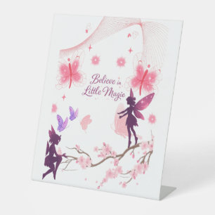 Whimsical Fairy and Butterfly Floral Illustration Pedestal Sign