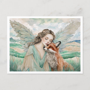 Whimsical Fairy and Fox in Serene Landscape Postcard