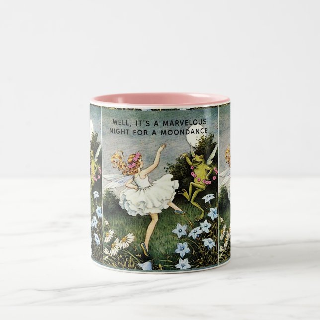 Whimsical Fairy and Frog Dancing Two-Tone Coffee Mug (Center)