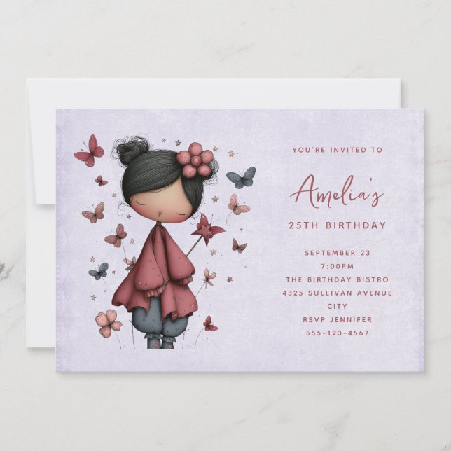 Whimsical Fairy Doll Retro Cute Birthday Invitation (Front)