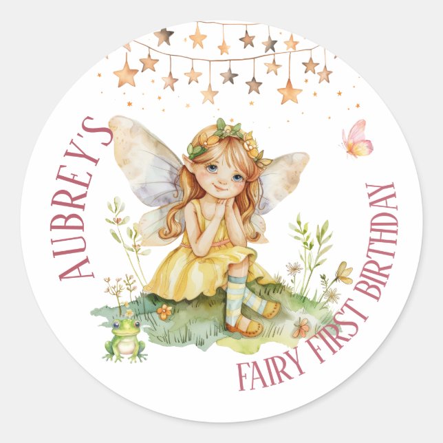 Whimsical Fairy First Birthday Classic Round Sticker (Front)