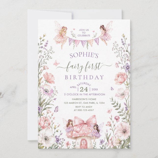 Whimsical Fairy First Birthday Enchanted forest Invitation (Front)