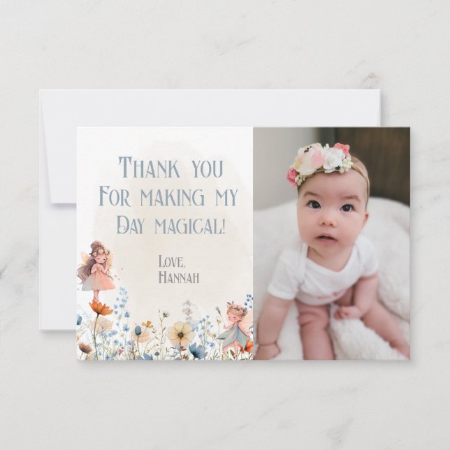 Whimsical Fairy First Magic Birthday Photo Thank You Card (Front)