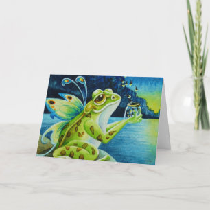 Whimsical Fairy Frog & Fireflies Watercolor Art Card
