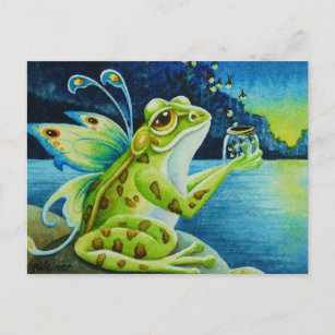 Whimsical Fairy Frog & Fireflies Watercolor Art  Postcard