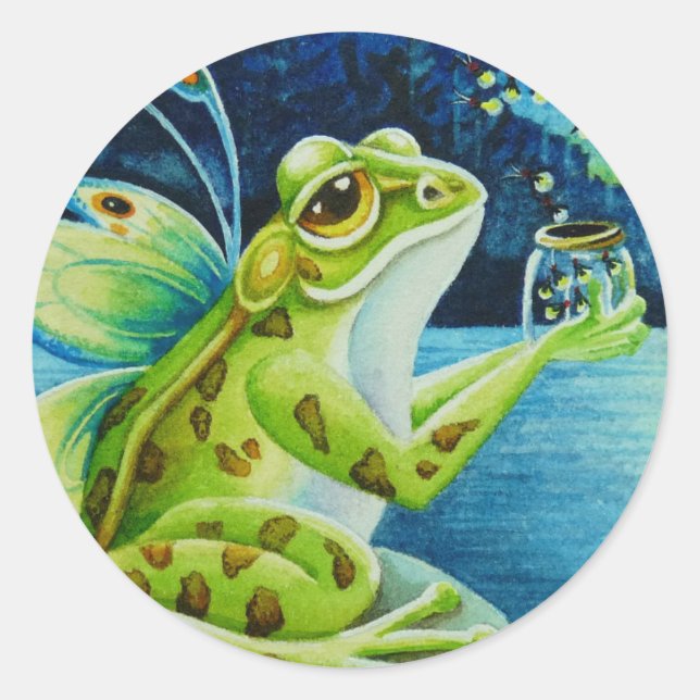 Whimsical Fairy Frogs & Fireflies Watercolor Art Classic Round Sticker (Front)