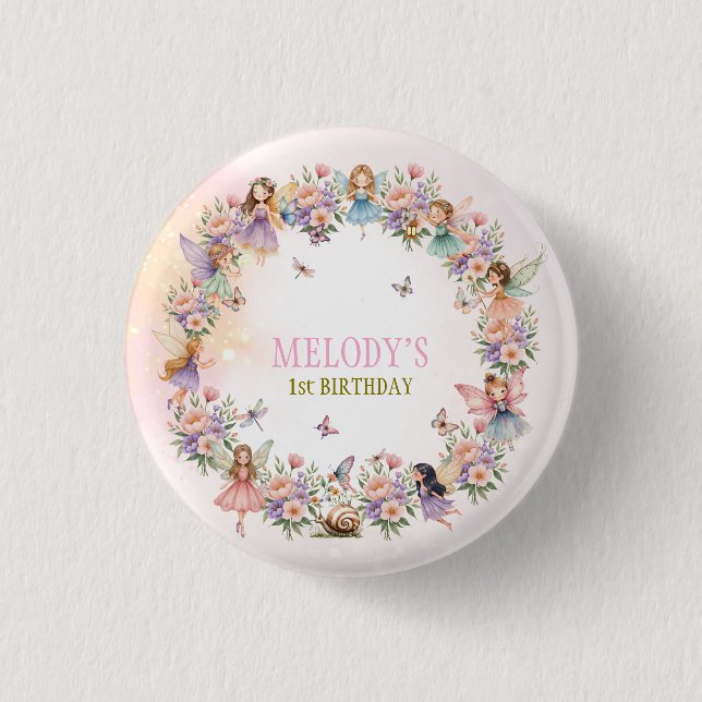 Whimsical fairy garden 1st birthday  1 inch round button (Front)