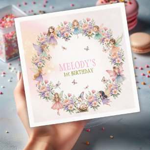 Whimsical fairy garden 1st birthday napkin