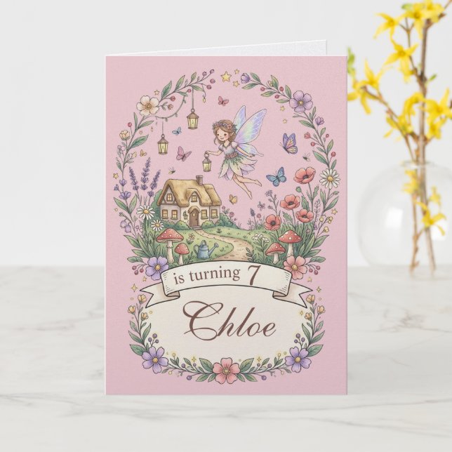 Whimsical Fairy Garden Customized Birthday Card  (Yellow Flower)
