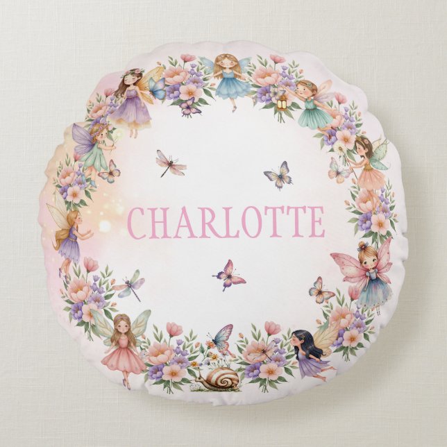 Whimsical fairy garden gift for girl round pillow (Front)