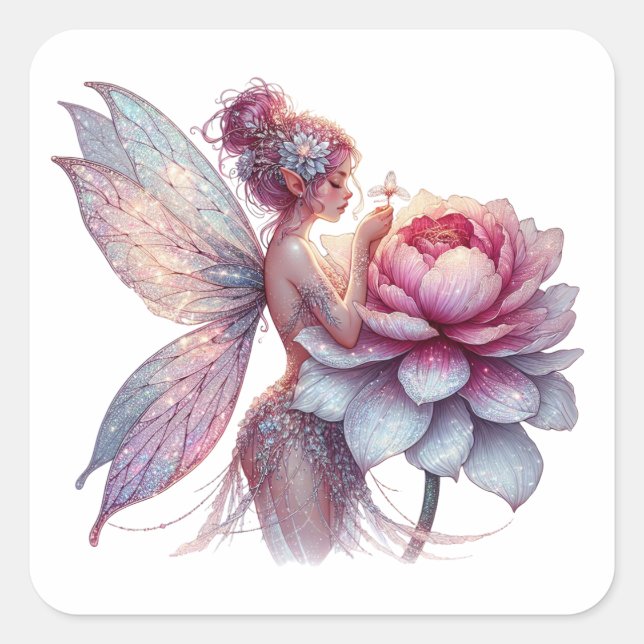 Whimsical Fairy Holding an Over-sized Flower Square Sticker (Front)