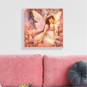 Whimsical Fairy in Dreamy Pink Floral Garden Canvas Print