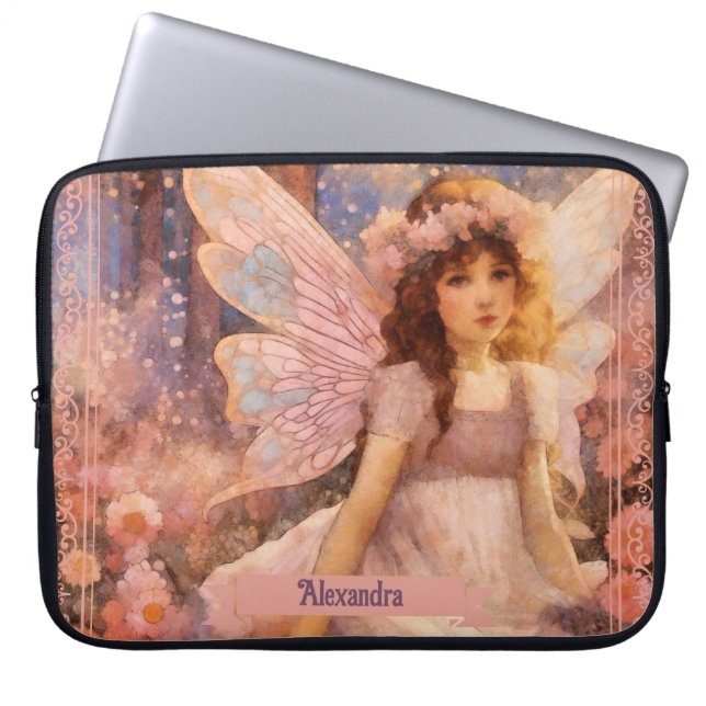 Whimsical Fairy in Dreamy Pink Floral Garden Laptop Sleeve (Front)