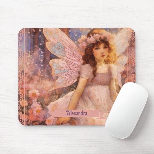 Whimsical Fairy in Dreamy Pink Floral Garden Mouse Pad (With Mouse)