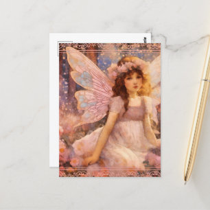 Whimsical Fairy in Dreamy Pink Floral Garden Postcard