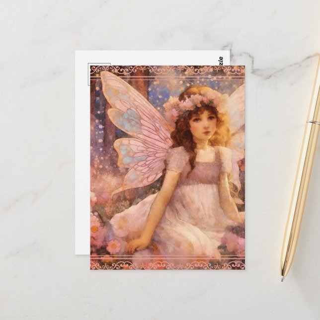 Whimsical Fairy in Dreamy Pink Floral Garden Postcard (Front/Back In Situ)