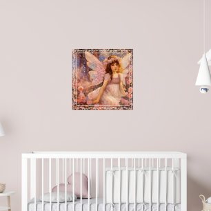 Whimsical Fairy in Dreamy Pink Floral Garden Poster