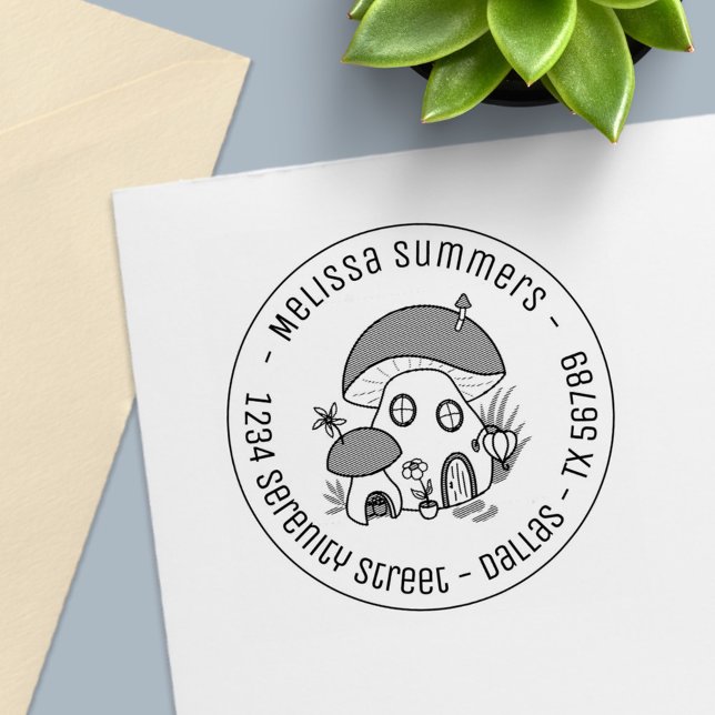 Whimsical Fairy Mushroom House Round Address Self-inking Stamp (Creator Uploaded)