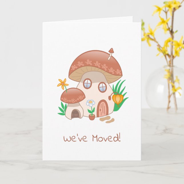 Whimsical Fairy Mushroom House We Moved Card (Yellow Flower)