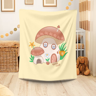 Whimsical Fairy Mushroom House Yellow Fleece Blanket